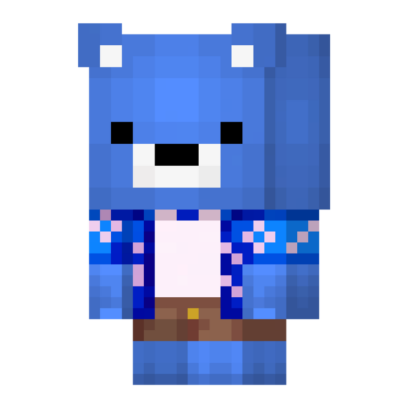 Rocky here! Click me to learn more about me... Blue bear Minecraft character with blue and whtie shirt standing and staring to the left.