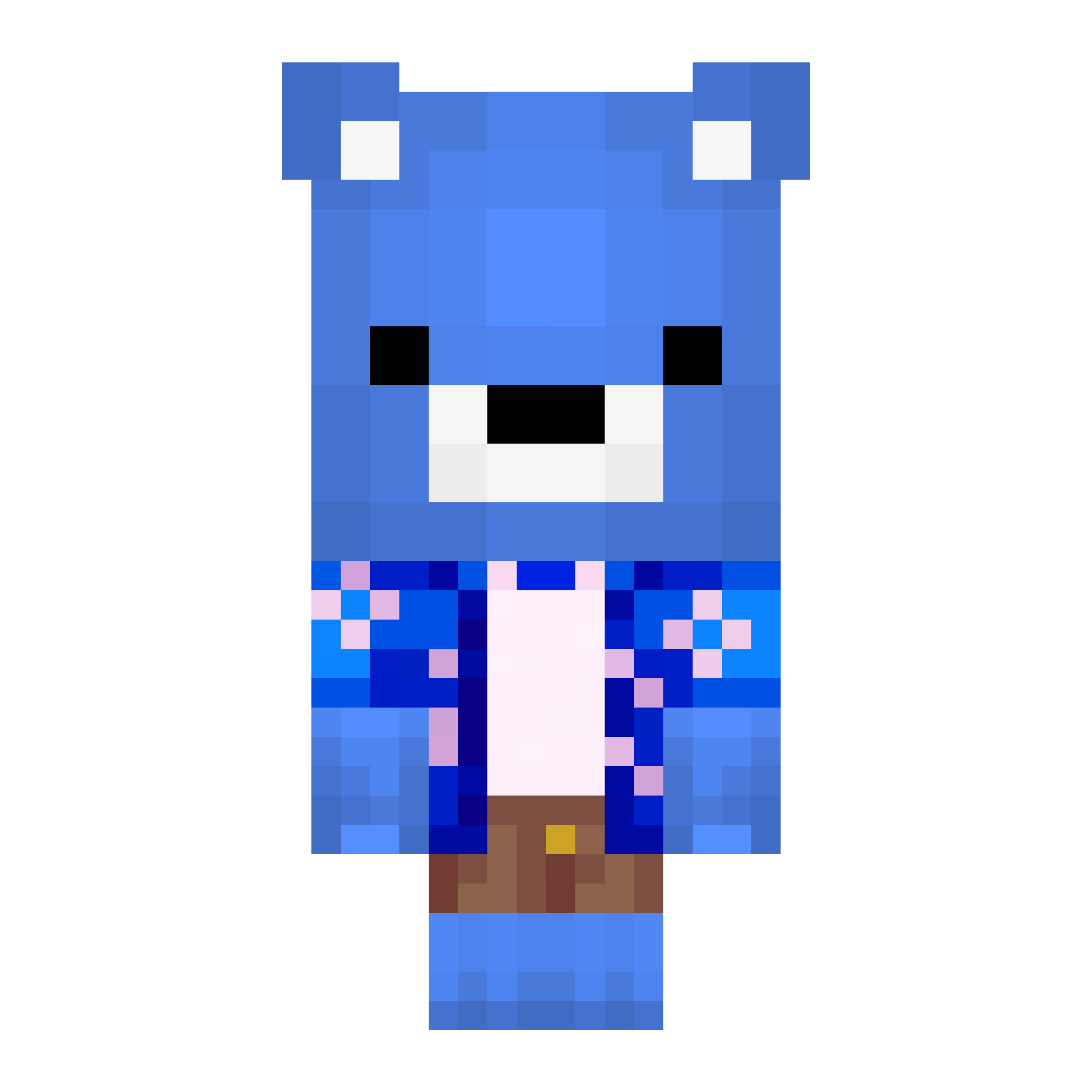 Click me again to go back to socials! Blue bear Minecraft character with blue and whtie shirt standing and staring to the left.